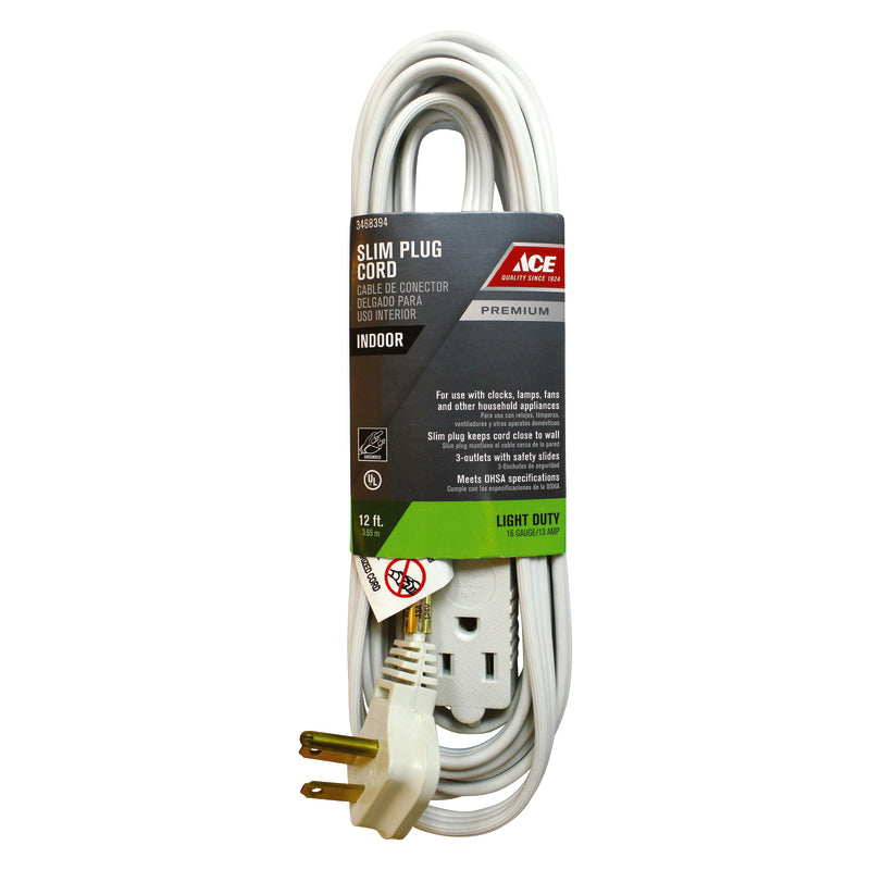 Ace Indoor 12 ft. L White Extension Cord 16/3 STP-3
