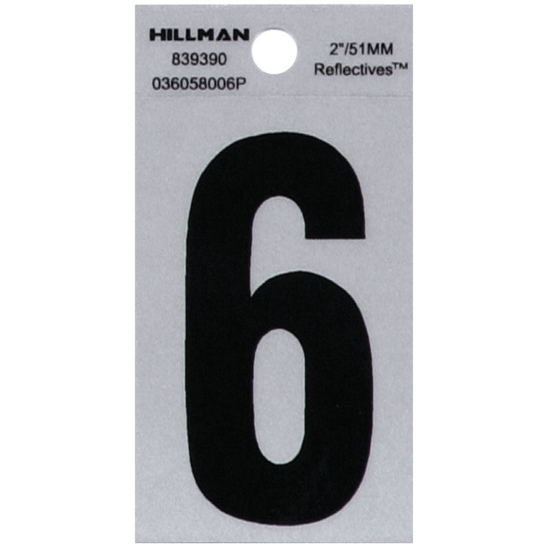 HILLMAN 2 in. Reflective Black Vinyl Self-Adhesive Number 6 1 pc