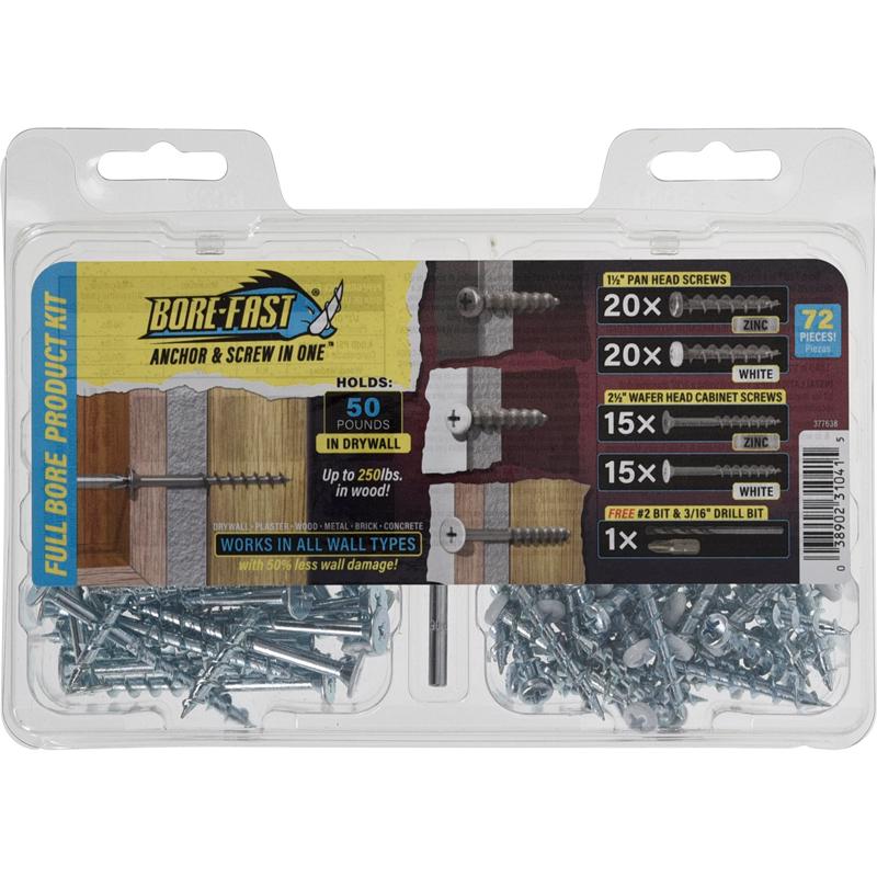 HILLMAN Bore-fast 3/16 in. D X Assorted in. L Steel Pan/Wafer Head Full Bore Product Kit 72 pc