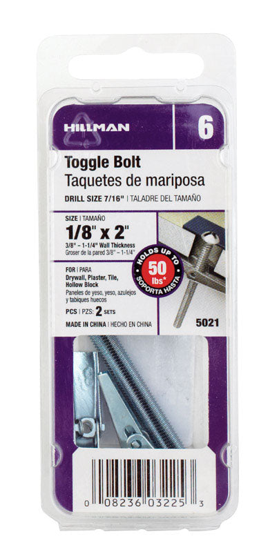 HILLMAN 1/8 in. D X 2 in. L Round Zinc-Plated Steel Toggle Bolt 2 pk