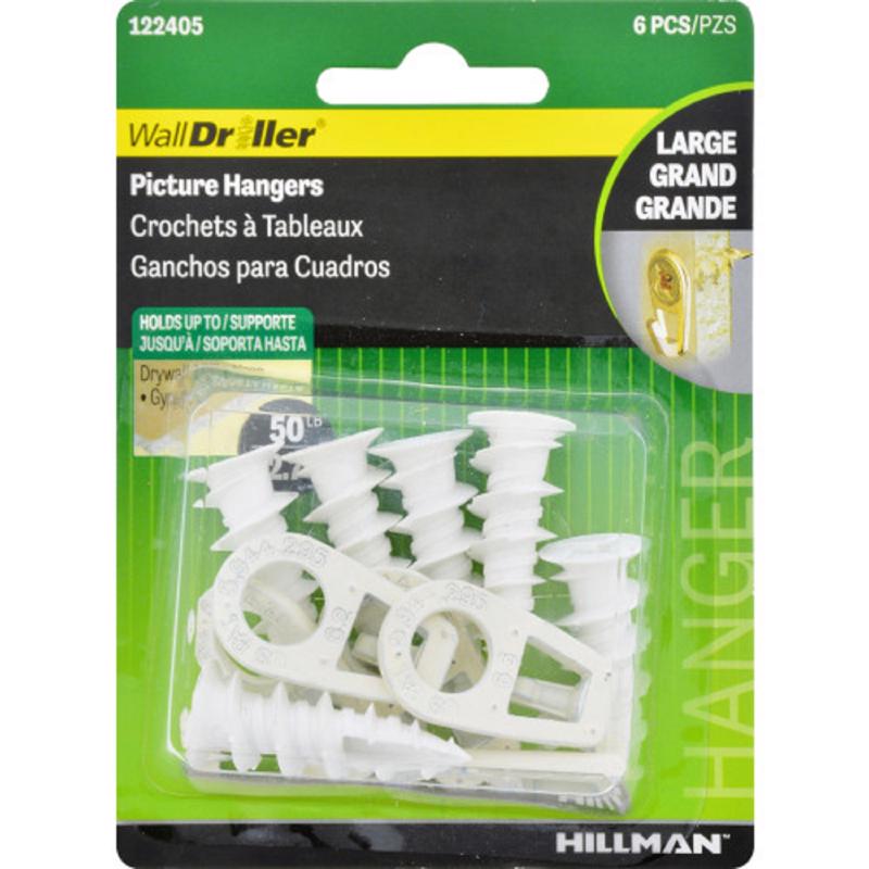 HILLMAN Wall Driller White Drywall Picture Hook 50 lb 6 pk