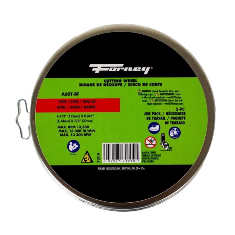 Forney 4-1/2 in. D X 7/8 in. Aluminum Oxide Metal Cutting Wheel 5 pk