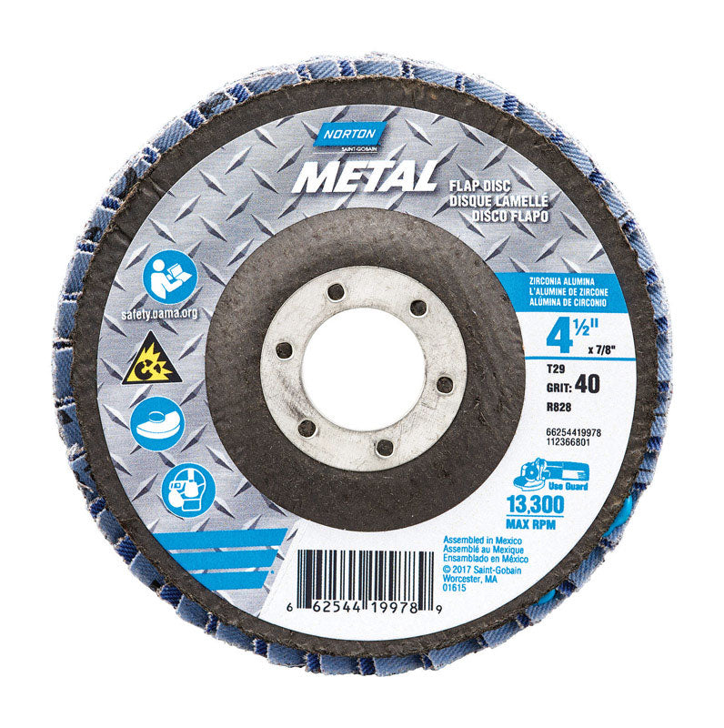 Norton 4-1/2 in. D X 7/8 in. Zirconia Aluminum Oxide Flap Disc 40 Grit 1 pc