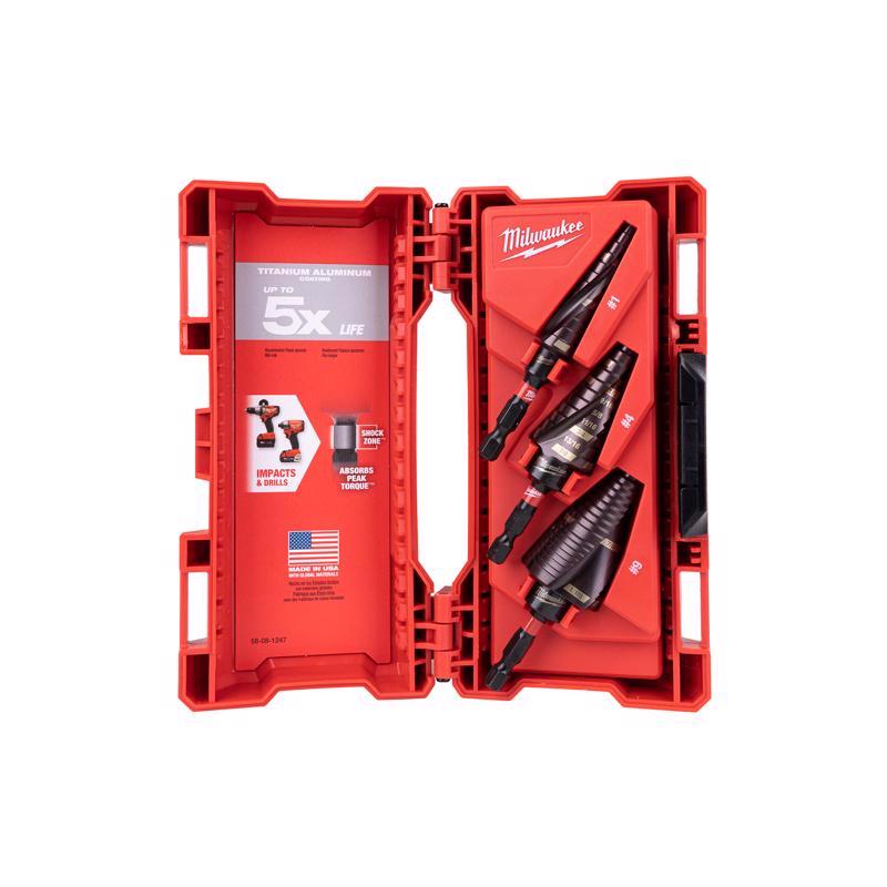 Milwaukee Shockwave High Speed Steel Impact Duty Step Drill Bit Set Quick-Change Hex Shank 3 pc