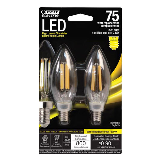 Feit Blunt Tip E12 (Candelabra) LED Bulb Soft White 75 Watt Equivalence 2 pk