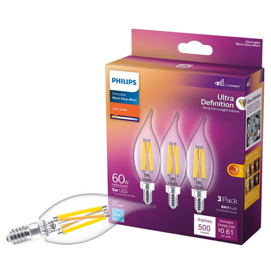 Philips BA11 E12 (Candelabra) LED Bulb Soft White 60 Watt Equivalence 3 pk