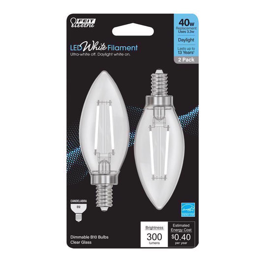Feit White B10 E12 (Candelabra) Filament LED Bulb Daylight 40 Watt Equivalence 2 pk