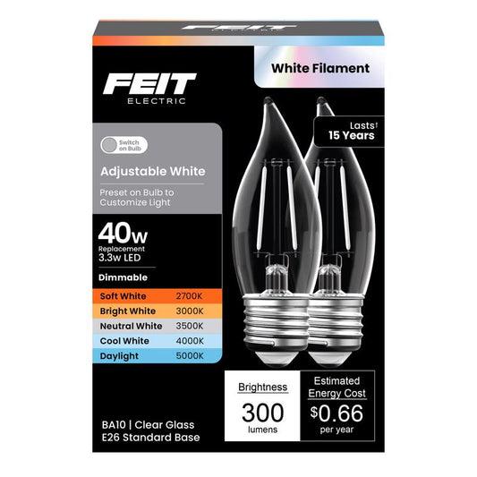 Feit BA10 E26 (Medium) LED Bulb Adjustable White 40 Watt Equivalence 2 pk