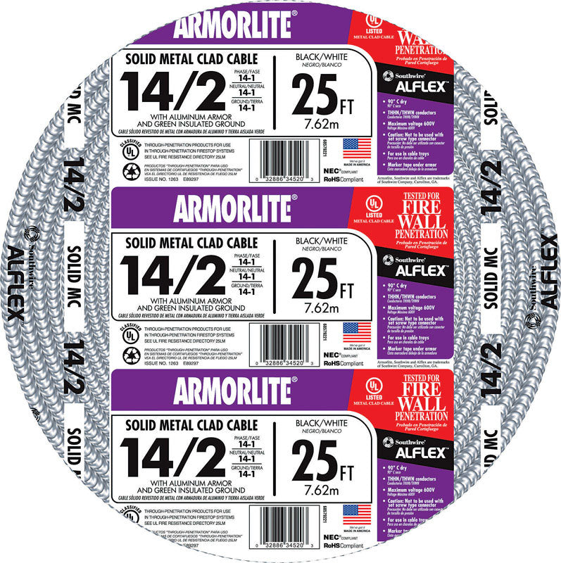Southwire 25 ft. 14/2 Solid Aluminum Armored MC Cable