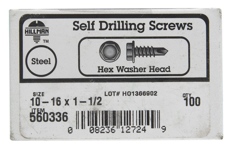 HILLMAN No. 10-16 Ga. X 1-1/2 in. L Hex Hex Washer Head Sheet Metal Screws 100 pk