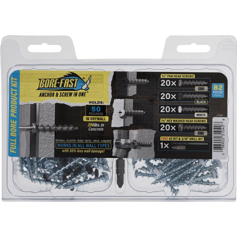 HILLMAN Bore-fast 3/16 in. D X 1-1/2 in. L Steel Pan Head Screw and Anchor 82 pc