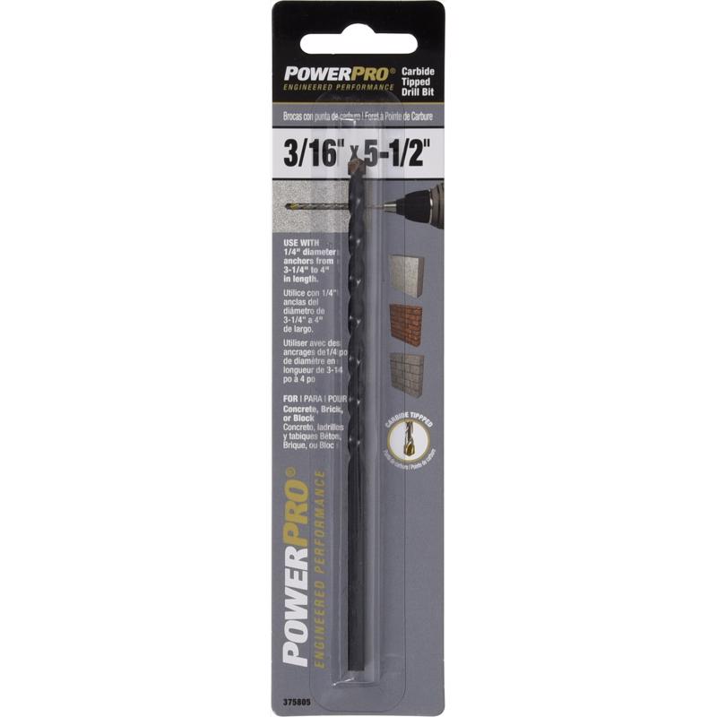 HILLMAN Power Pro 3/16 in. X 5-1/2 in. L Carbide Tipped Drill Bit 1 pk