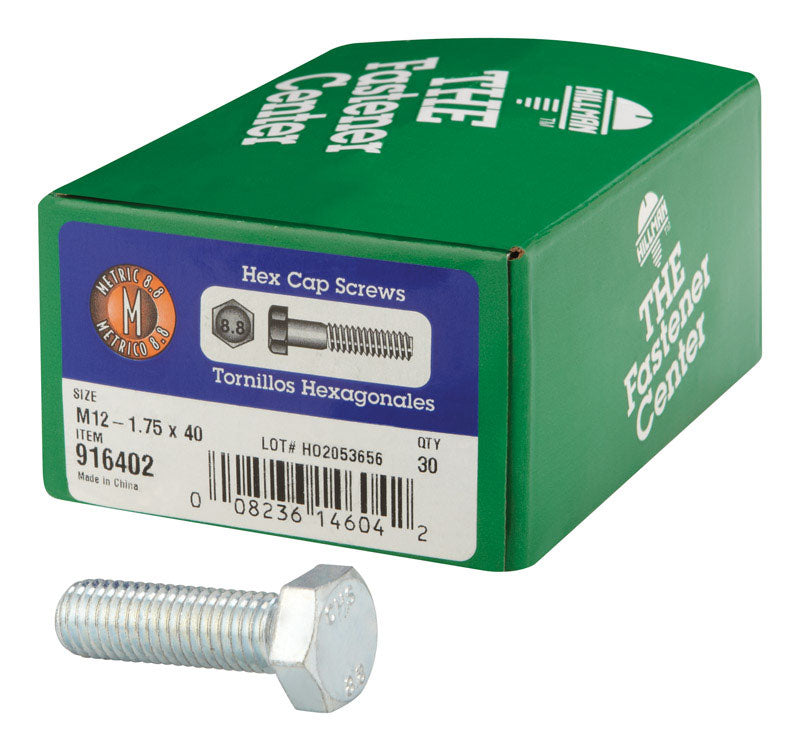 HILLMAN M12-1.75 mm D X 40 mm L Heat Treated Steel Hex Head Cap Screw 30 pk