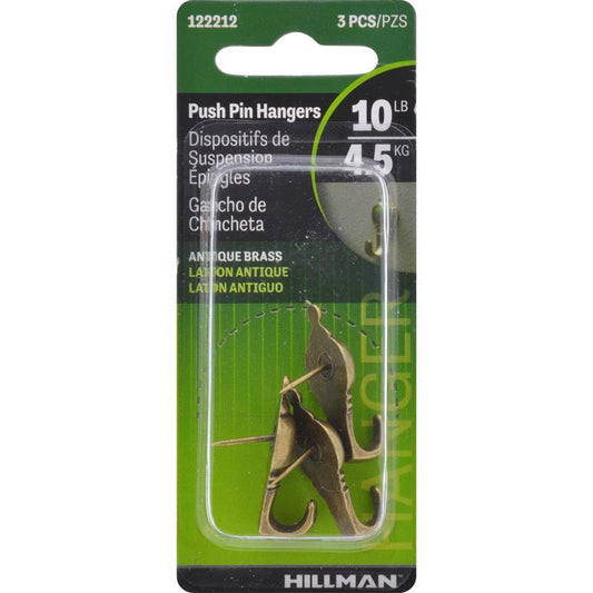 HILLMAN Antique Brass Gold Push Pin Picture Hanger 10 lb 3 pc