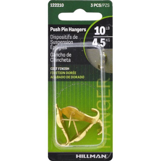 HILLMAN Gilt Gold Push Pin Picture Hook 10 lb 3 pc
