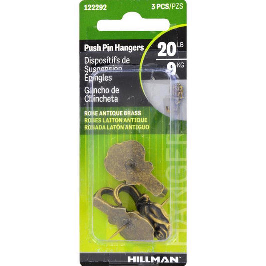 HILLMAN Antique Brass Gold Push Pin Picture Hook 20 lb 1 pk