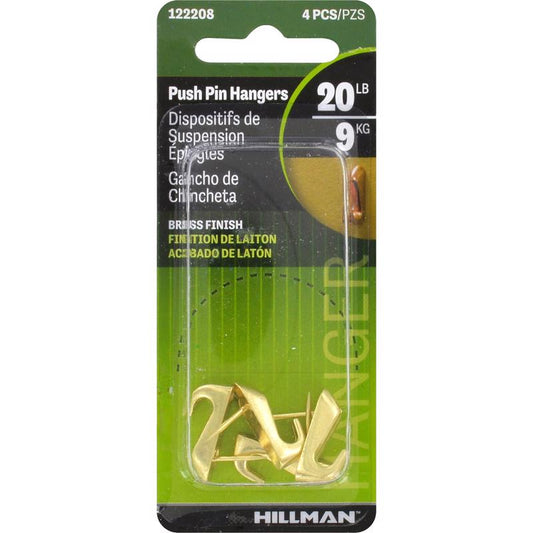 HILLMAN Brass-Plated Gold Push Pin Picture Hanger 20 lb 4 pk