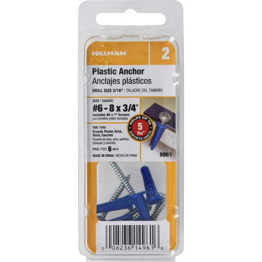 HILLMAN .138 in. D X 3/4 in. L Plastic Pan Head Conical Anchor 6 pc
