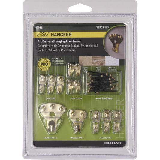 HILLMAN Brass-Plated Gold Classic Picture Hanging Set 10 lb 32 pk