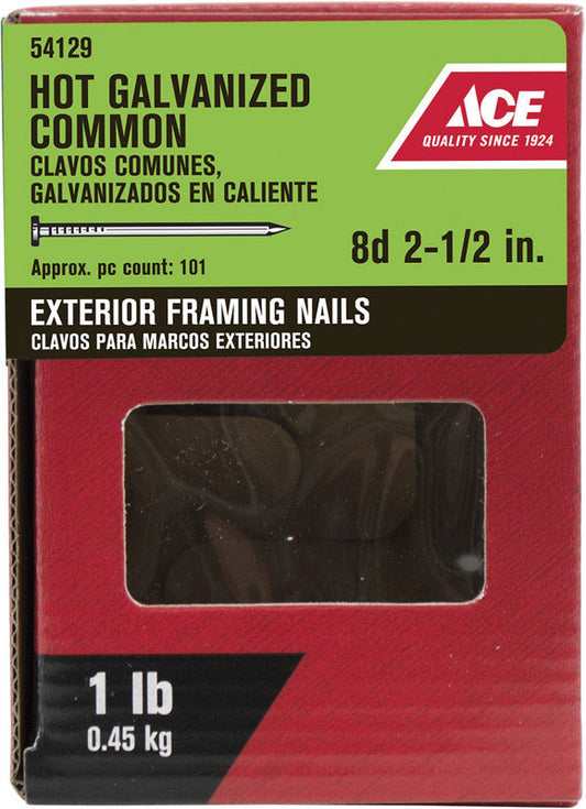 Ace 8D 2-1/2 in. Common Hot-Dipped Galvanized Steel Nail Flat Head 1 lb