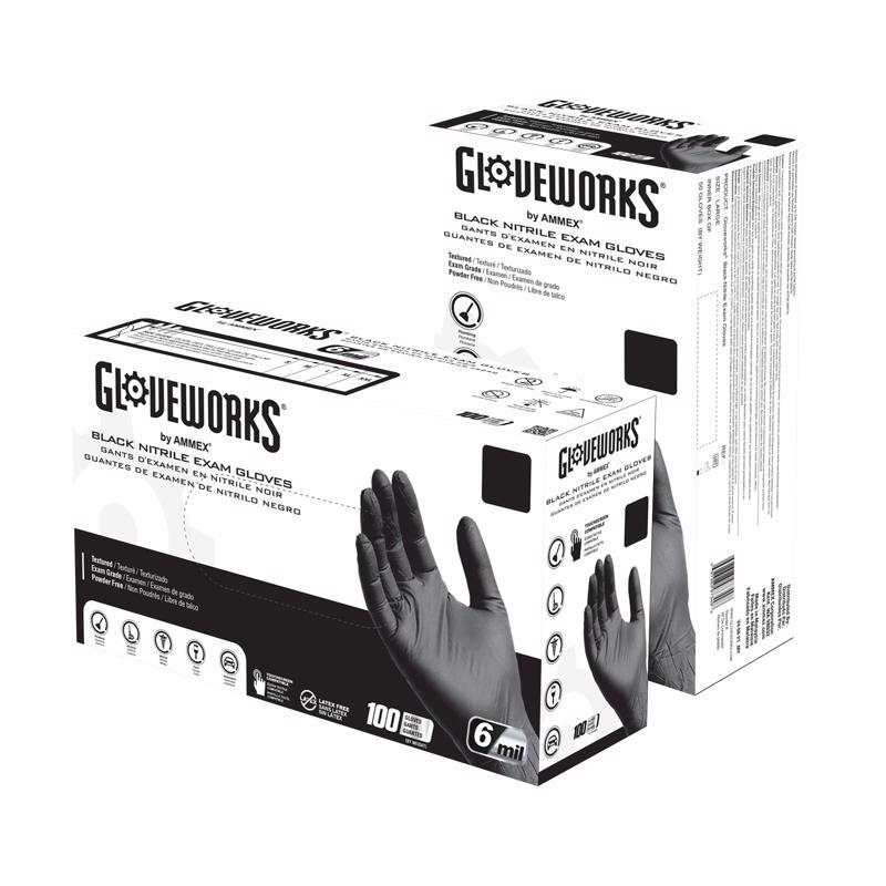 Ammex Gloveworks Nitrile Disposable Exam Gloves XX-Large Black Powder Free 100 pc