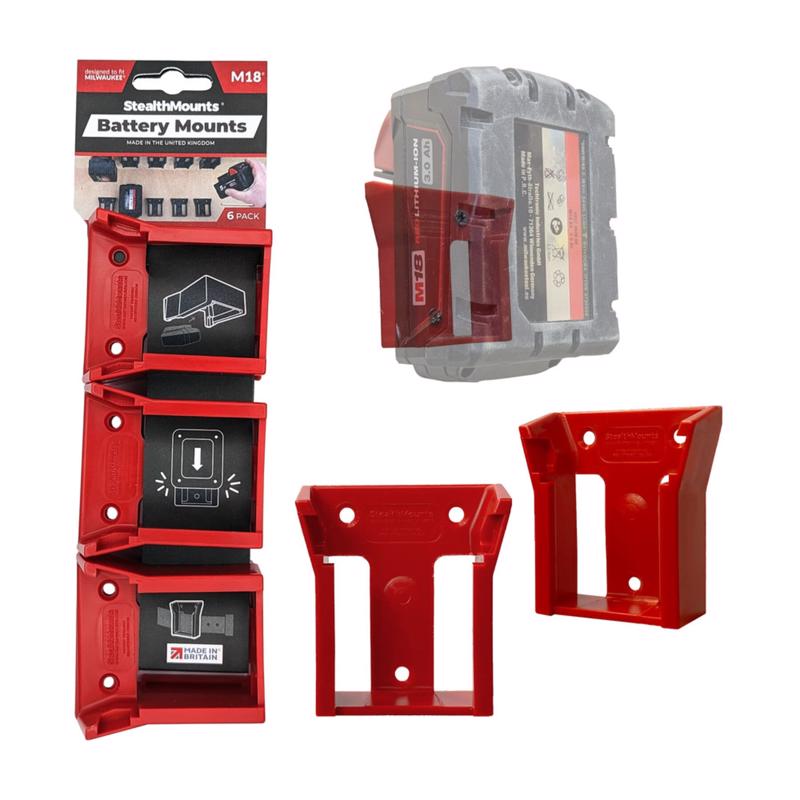 StealthMounts Battery Mounts Compatible with Milwaukee M18; Red ABS Battery Holder 6 pk