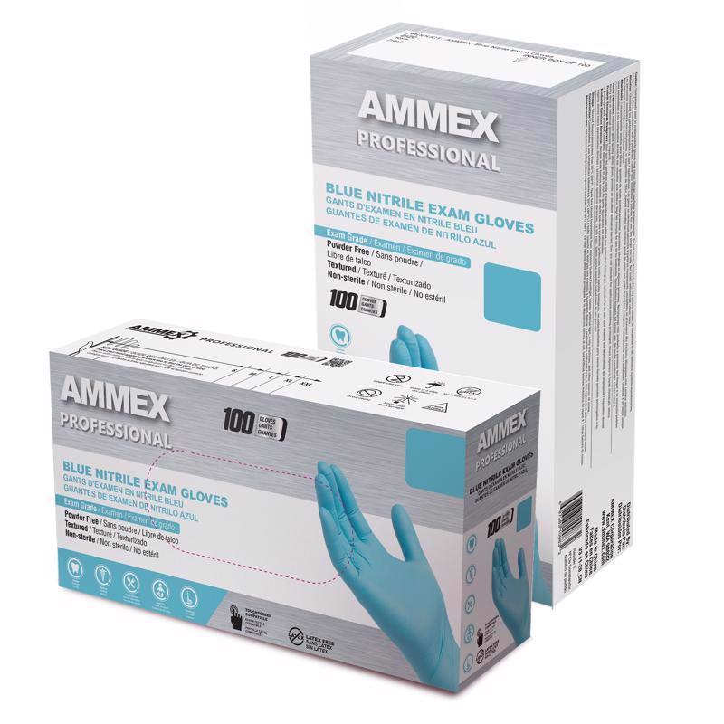 Ammex Professional Nitrile Disposable Exam Gloves Large Blue Powder Free 100 pc