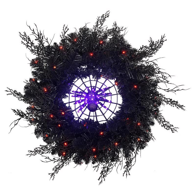 Celebrations Orange/Purple 65 ct 24 in. LED Prelit Black Spider Wreath