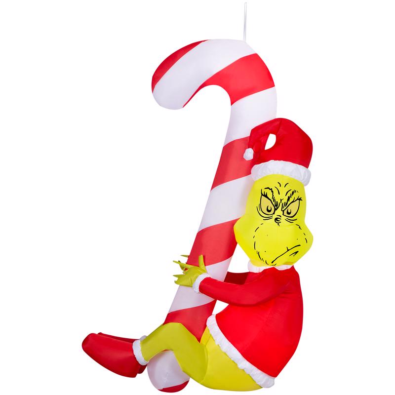 Dr. Seuss Airblown Grinch Hanging from Candy Cane 5 ft. Inflatable